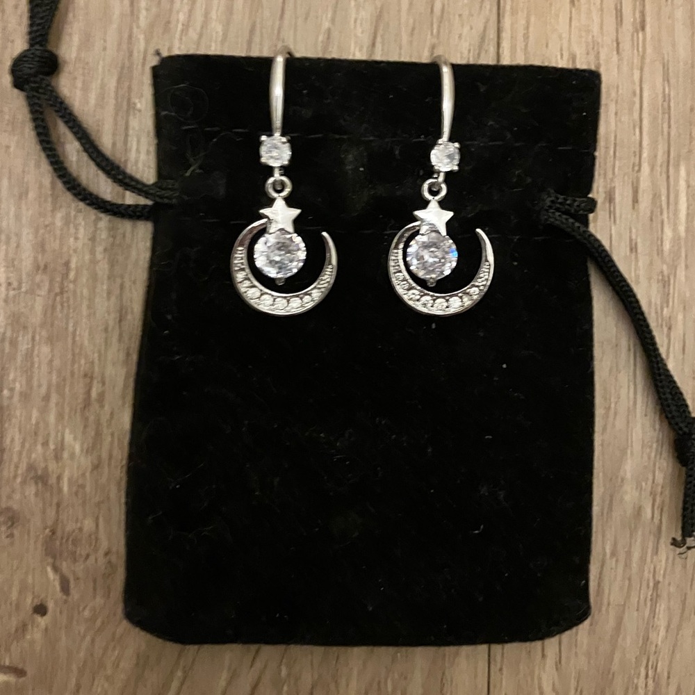Silver Crescent Moon & Star Earrings